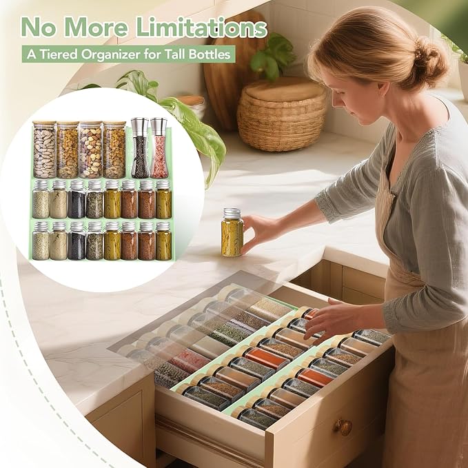 Expandable Spice Drawer Organizer (11"-22"), 3-Tier Slanted Kitchen Cabinet Rack with Labels & Funnel, Adjustable for Standard & Tall Bottles, Versatile for Bathroom & Office – Jars Not Included