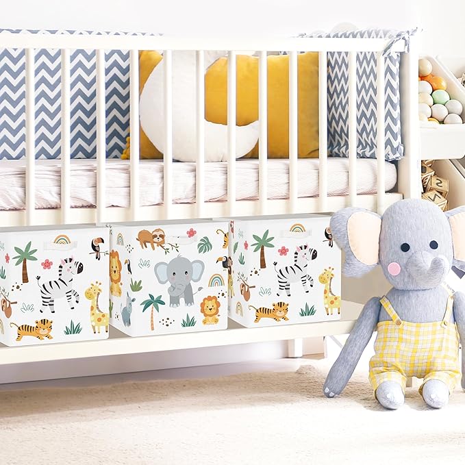 Clastyle Jungle Animal Storage Cube Organizer Set Tree Closet Clothes Cube with Metal Frame Foldable Parents Organizer Storage Basket for Book Toy,White,11.8x11.8x11.8 in