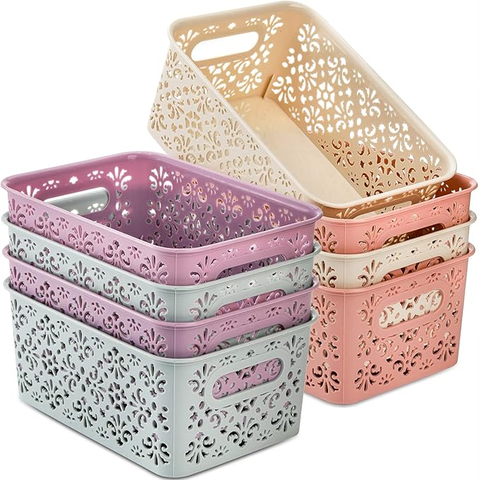 Frcctre 8 Pack Plastic Storage Baskets, Portable Small Pantry Organizer BasketS Bins with Handle, Stackable Household Organizers Nursery Basket for Home, Kitchen Cabinet Countertop Bedroom Bathroom