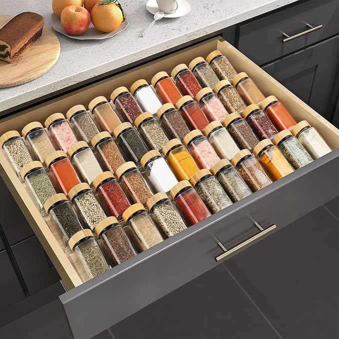 Spice Drawer Organizer 4 Tier, Acrylic Seasoning Organizer Rack, Clear Spice Rack Tray, Kitchen Seasoning Jars Drawers Insert (Jars Not Included/Expandable From 13" to 26")
