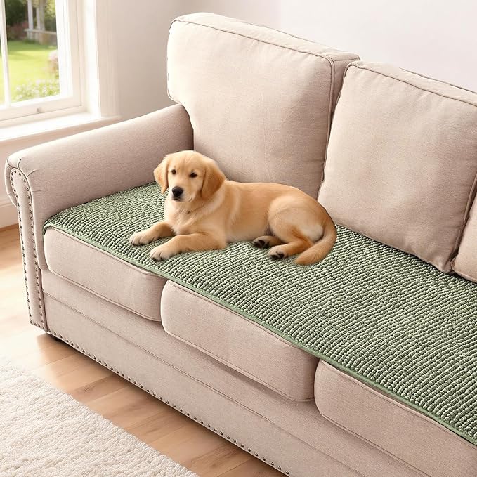 H.VERSAILTEX Plush Chenille Couch Cover for 3 Cushion Couch Anti Slip Washable Sofa Slipcovers Soft and Durable Furniture Protector for Dogs Cats Kids (27.5" x 59", Sage)