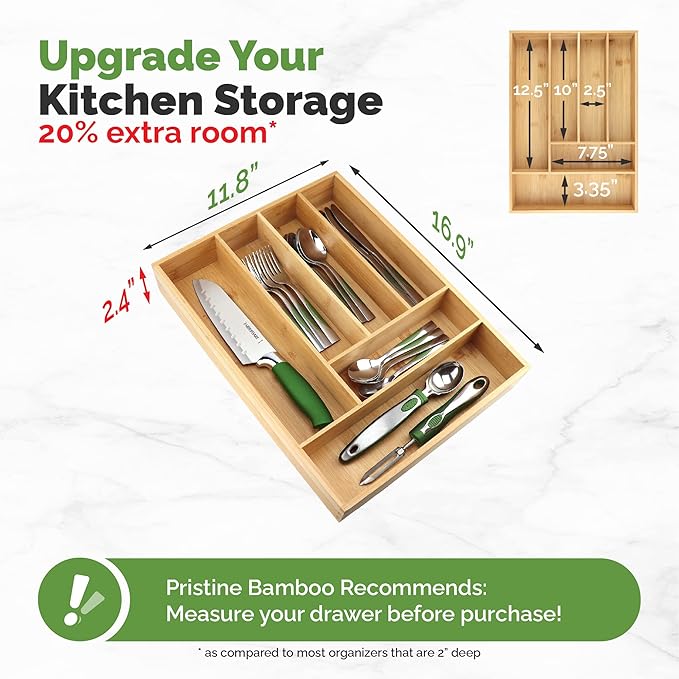 Silverware tray organizer– Flatware Utensil Cutlery Silverware Holder for Drawer – Small Extra-Deep Wooden Kitchen Drawer Organizer Divider for Spoons Forks Knives cutleries (6-Slots)