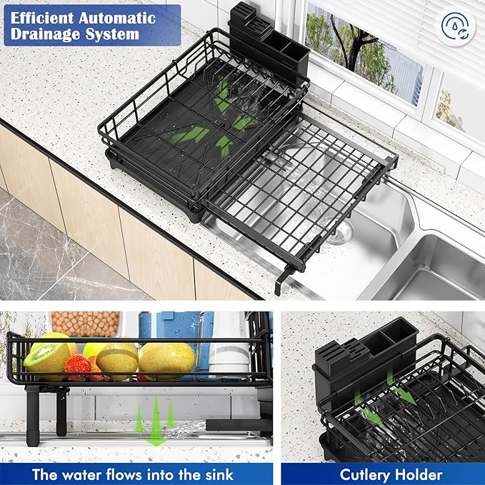 Storico Large Dish Drying Rack - Extendable Dish Rack, Dish Drainer for Kitchen Counter, Dish Drainer with Adjustable Support Legs & Utensil Holder, Black