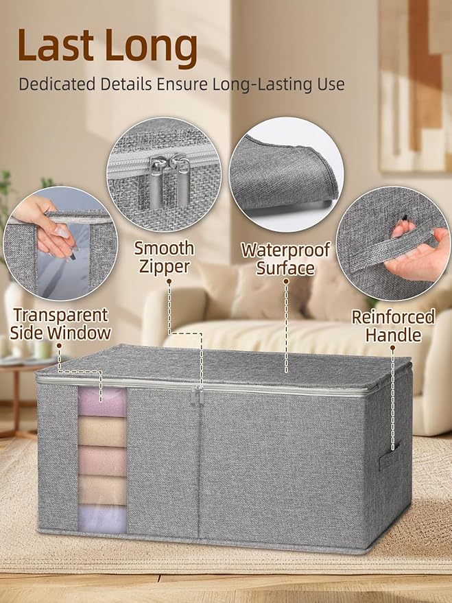 boailydi 90L King Size Comforter Storage Bag w/Rigid Panels, Large Blanket Organizer for Closet, Stackable & Foldable Container w/Clear Window & Smooth Zippers for Bedding Sets/Clothes, 2 Pack, Gray