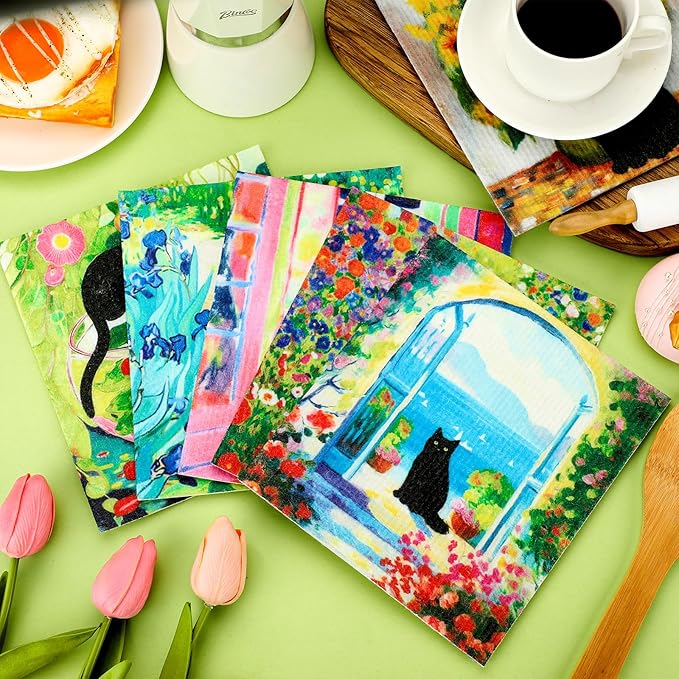 Sunnyray 12 Pcs Swedish Kitchen Dish Towels Dishcloth Reusable Sponge Cleaning Cloth Kitchen Towels Absorbent Washable Dish Cloth Drying Hand Towel(Watercolor, Cat)