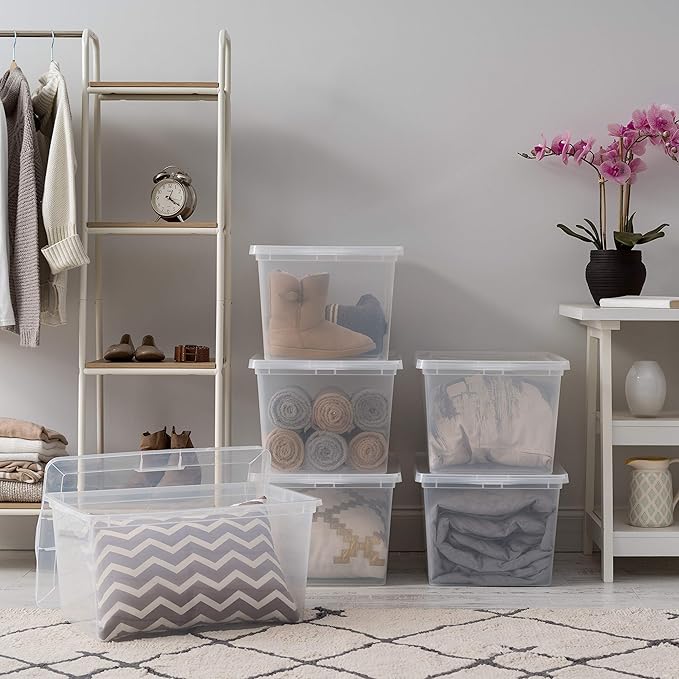 IRIS USA 4-Pack Storage Bins with Lids, 58 Quart, Clear Stackable Containers Box Organize Shoes Closet Shelves Clothes Blankets Towels - BPA-Free Plastic