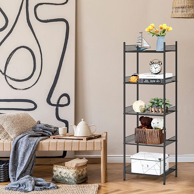 5-Tier Storage Shelf Wire Bathroom Organizers, Heavy Duty Shelving Unit for Pantry Kitchen Bathroom Laundry Room Garage, Organization Home Corner Rack, Black