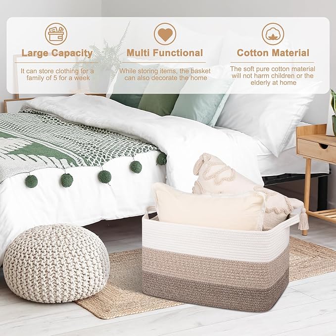 OIAHOMY Large Storage Basket, Cotton Rope Woven Blanket Basket, Toy Bin for Baby Room, Container for Blanket Storage in Living Room, 20''×16''×12'', Gradient Brown