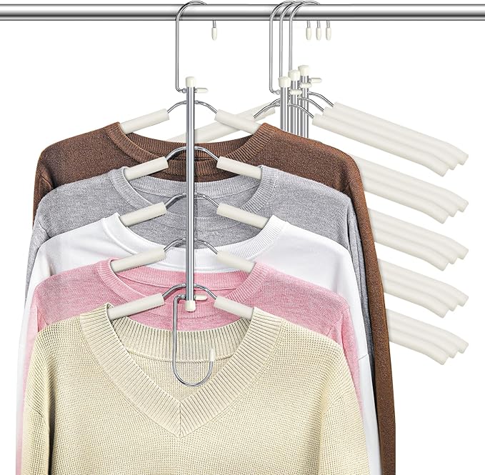 Clothes Hangers Space Saving Shirt Organizer, Non Slip Multi Shirt Hangers for Closet with Foam Padded Closet Organizers and Storage for Sweater Hoodie Blouse Coat Dress Short Beige 4 Pack