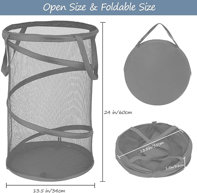 BATTOO Collapsible Laundry Baskets, Foldable Mesh Pop Up Hamper, Portable Laundry Basket Hamper with Handles for Laundry, Bathroom, Kids Room, College Dorm, Travel, Storage Organizer Grey