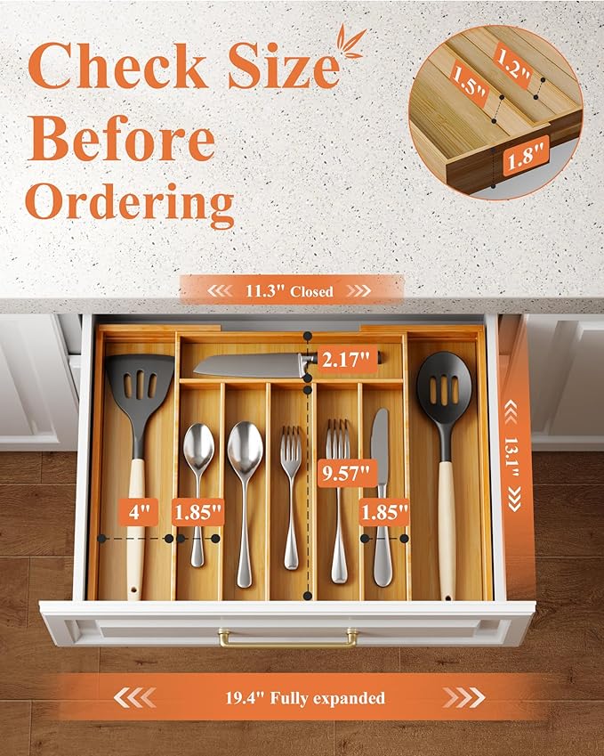 Kitsure Large Bamboo Silverware Organizer - Expandable Drawer Organizer for Utensil, Cutlery and Flatware, Kitchen Storage Solution with 6 to 8 Slots, Natural, 19.4" × 13.1" × 1.8"