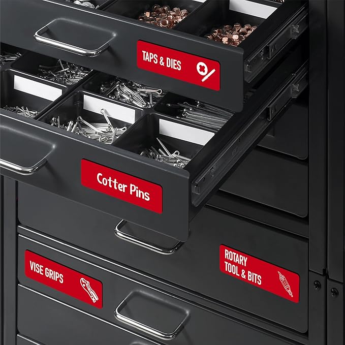 90 PCS Magnetic Toolbox Labels, 82 Pre-Printed & 8 Blanks Large Size Tool Chest Organizer Labels Strong Magnetic & Easy to Read Printing Fits All Brands of Steel Tool Box Drawers (Red, 3.5” x 1”)