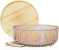 Metal Fruit Bowl Basket with Wooden Lid - Fruit and Vegetable Holder For Kitchen Counter - Countertop Display Baskets Organizer - Bowl Storage for Veggie, Fruits, Snack, and Banana - Peach