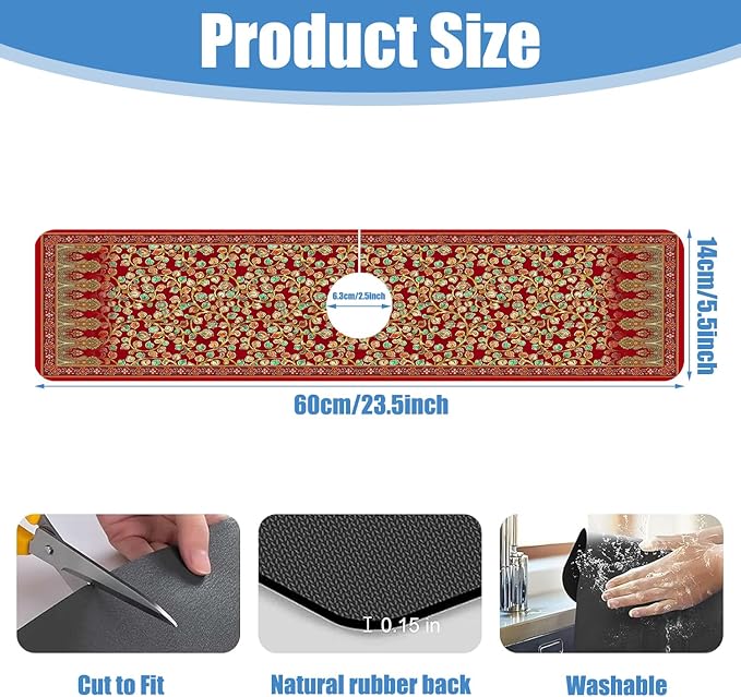 Sink Splash Guard Faucet Mat Red Retro Boho Flowers Absorbent Fast Drying Mat Sink Gadgets Splash Guard Behind Faucet Drip Catcher for Kitchen Bathroom 23.5"X5.5"