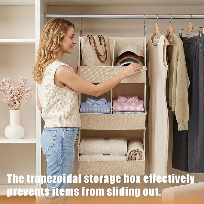 1 Pack,Hanging Closet Organizer 3 Tier,Disassemblable Clothes Hanging Shelves,Space-Saving Closet System, Fabric Storage Bins Bedroom Organization,Collapsible Baskets for Home, Dorm, Rv,Beige