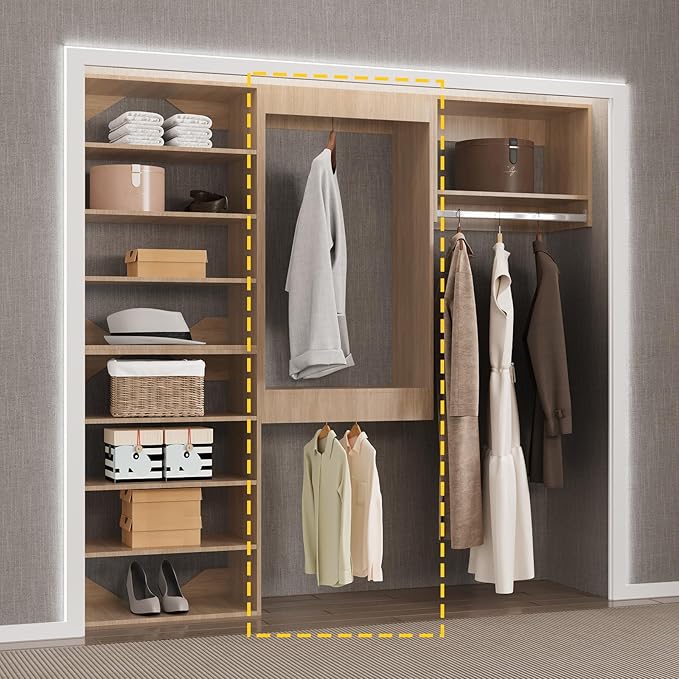 Double Hanging Closet Unit, Modular System Organizer With Storage for Walk In Closets, Clothing Rack Wardrobe for Hanging Clothes, Bedroom, Wood, 22.5"W