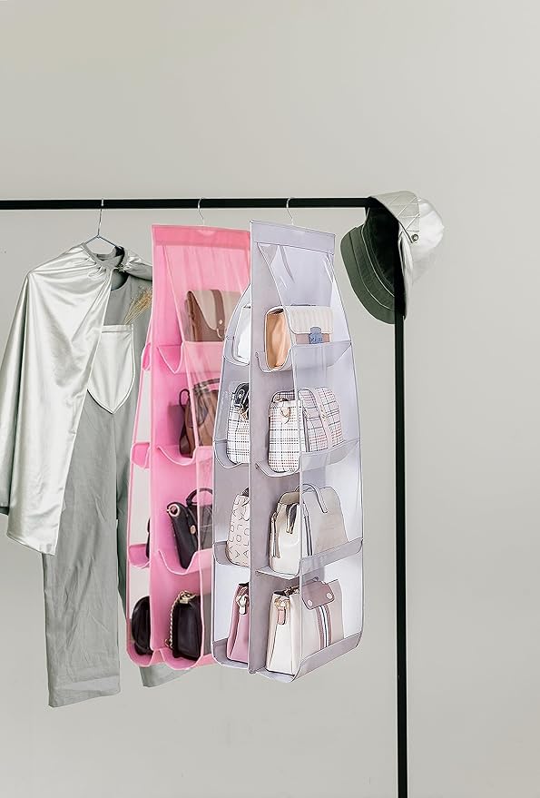 AARAINBOW 2 Packs Hanging Handbag Purse Organizer, Hanging Hand Bag Organizer Wardrobe Closet Purse Holder, 8 Pockets, 43.3L x 14.1W (B Gray Light Pink)