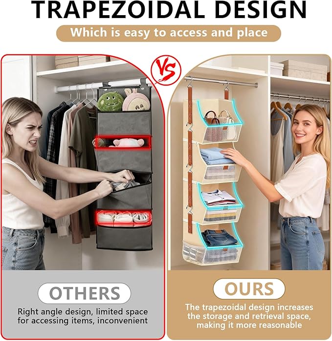 Fabric 4 Tier Hanging Closet Organizer Heavy Duty Beige Shelf Hanging Storage Towel Clothes Sweater Jeans Bag Organizer For Closet For Bedroom, Dorm, RV, See Through Front Panel, Space-Saving