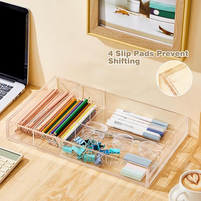 2 Pcs Acrylic Drawer Organizer 9'' up to 18'' x 15'' x 2'' Expandable Drawer Organizer Pens Notebook Ruler Makeup Tray with 7 Adjustable Compartments for Desk Office Kitchen Bathroom(Clear)