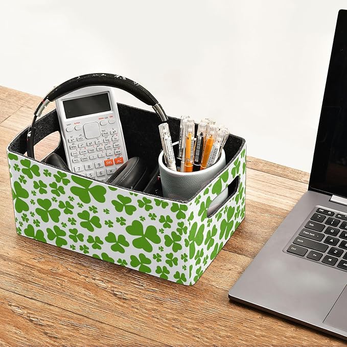 Green Saint Patrick Clover Leaves Closet Storage Bins 2 Pcs Felt Open Home Storage Containers Organizer with Handles Collapsible Shelf Basket for Home Office Craft Room Classroom Fabric