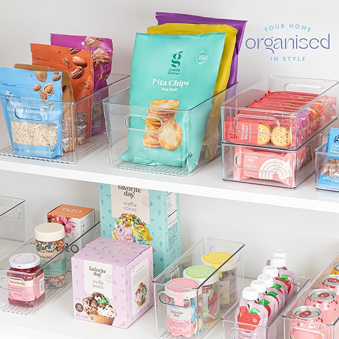 Plastic Food Storage 4 Pack Clear Container Bin with Handles for Organizing Kitchen, Pantry, Refrigerator, Freezer, Pantry, Cabinet, Closet, Bathroom. 10”x7.5”x5.3”
