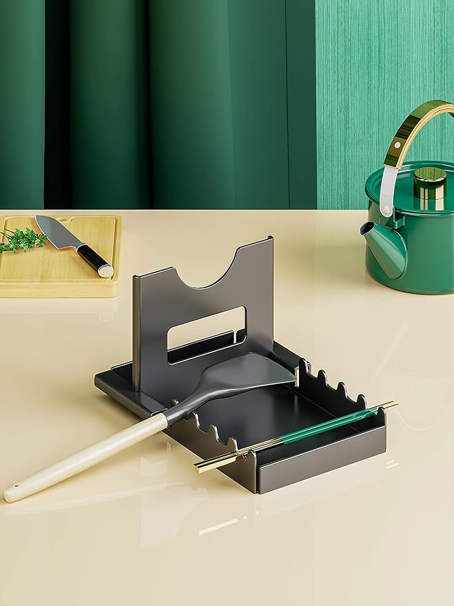 Dr.DJ Spoon Rest Pot Lids Holder Heavy Duty Pot Pan Lid Organizer Stand, Cutting Board Rack Chopping Board Organizer Stand Spoon Rest w Drip Tray Kitchen Countertop, Stainless Black