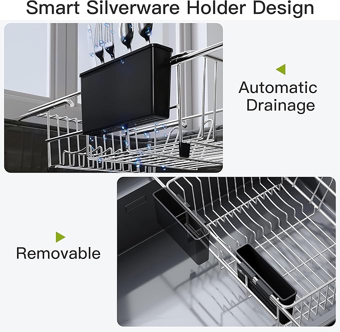 JASIWAY Dish Drying Rack in Sink, Expandable Stainless Steel Dish Drainers for Kitchen Counter, Dish Dryer Rack for Inside Sink, Over The Sink Dish Racks with Utensil Holder, Silver