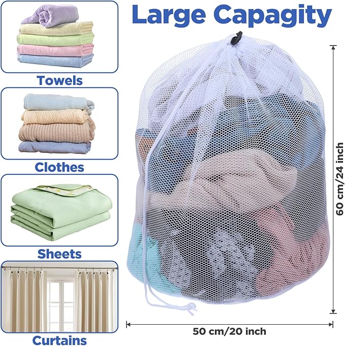 20 Pcs Mesh Laundry Bags Bulk with Drawstring 20 x 24'' Hanging Heavy Duty Medium Mesh Dry Cleaning Bag Machine Washable Large Net for Clothes,Sock,Bed Linen Dormitory Travelling Camping