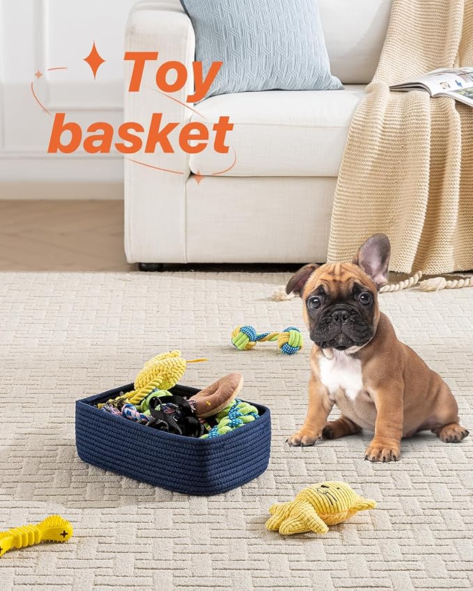 Small Woven Basket, 12 x 8 x 4.5 Inches, Storage Basket for Organizing, Cute Small Rope Shelf Closet Cube Storage Bins Baskets for Shelves, Dog Toy Gift Baskets Empty, 3 Packs, Navy Blue