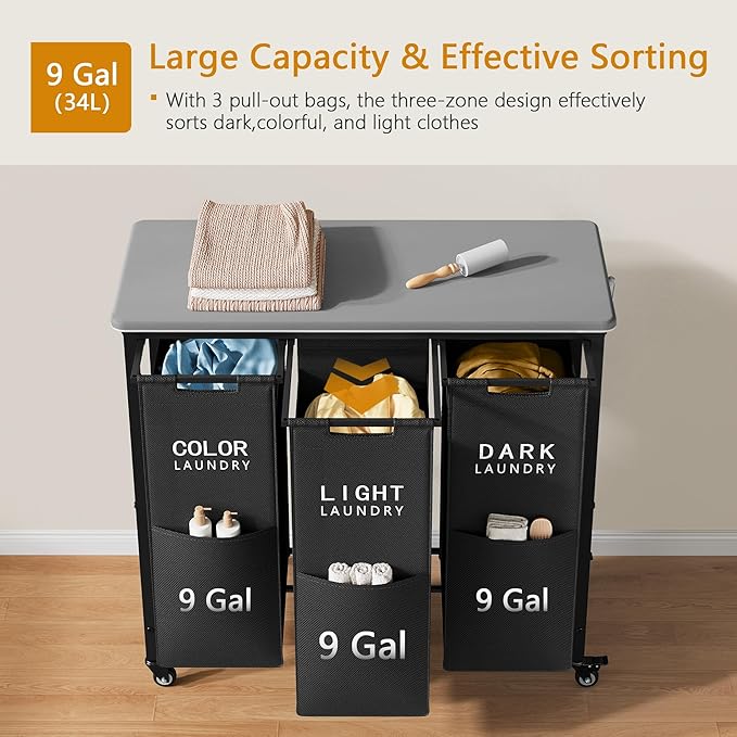 3 Section Laundry Sorter with Ironing Board, Laundry Hamper with Removable Bags, Heavy Duty Rolling Laundry Cart with Lockable Wheels for Bathroom Bedroom, black