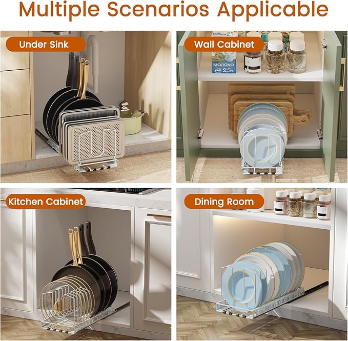 Housolution 1 Pack Pull out Pot Lid Organizer for Under Cabinet, Slide Out Pot and Pan Organizer with 10 Adjustable Dividers, Sliding Pan Holder Storage Rack inside Cabinet, White
