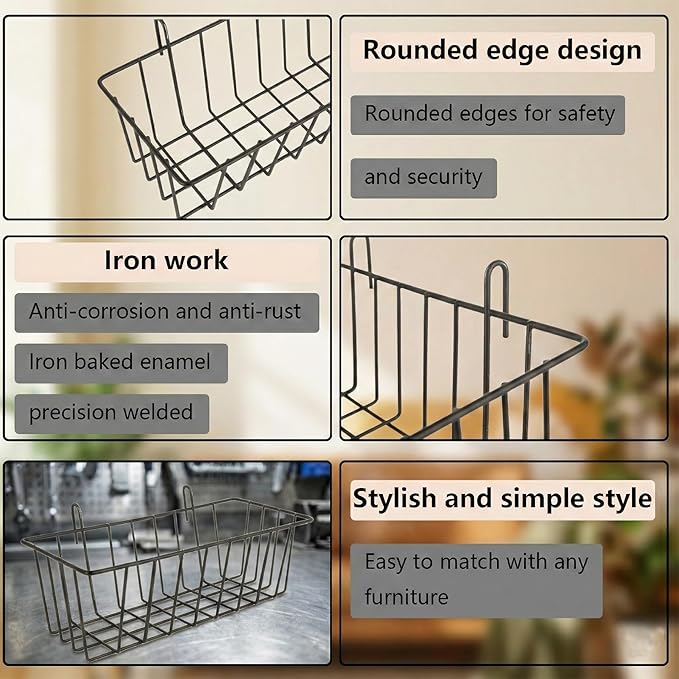 10 PCS Wire Baskets Wall Grid Panel Hanging Wire Basket Hanging Wall Baskets No Drilling Wall Hanging Baskets Grid Wall Storage Basket for Kitchen Bathroom Home Decor Supplies, Black