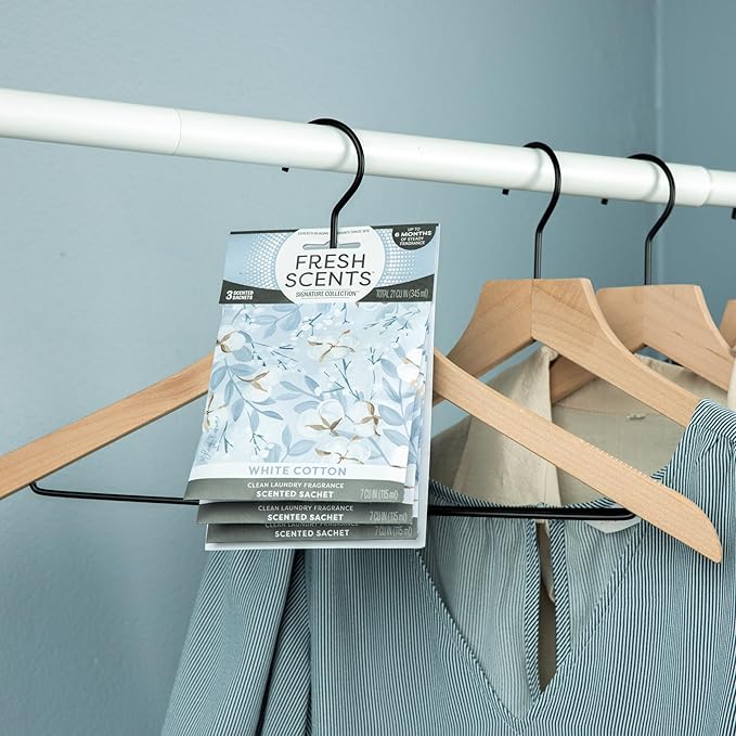 Fresh Scents Scented Sachets | White Cotton |Home Fragrance | Long Lasting (Up to 6 Months) | Air Freshener for Closets, Drawers, & Cars | 6 Pack