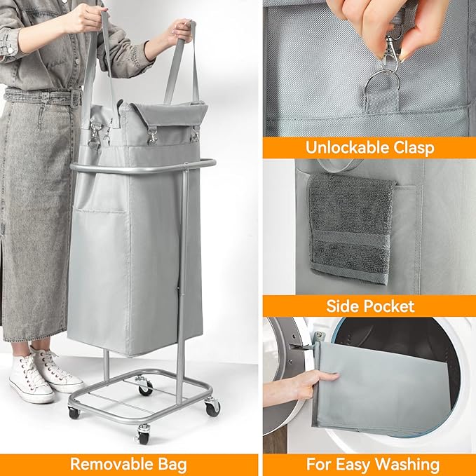 WOWLIVE 100L Rolling Laundry Hamper with Wheels Large Laundry Basket Organizer Laundry Cart with Steel Frame and Removable Bag Foldable Tall Dirty Clothes Hamper Dorm Room Storage for Bedroom (Grey)