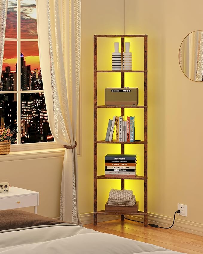 TUTOTAK Corner Shelf with LED Light, 6-Tier Corner Bookshelf for Small Space, Narrow Display Corner Shelf Stand with Storage Rack, for Living Room, Bedroom, Brown BS05BC006L