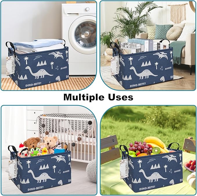 FANKANG Storage Bins, Nursery Hamper Canvas Laundry Basket Foldable with Waterproof PE Coating Large Storage Baskets for Kids Boys and Girls, Office, Bedroom, Clothes,Toys(Rec-Blue dinosaur）