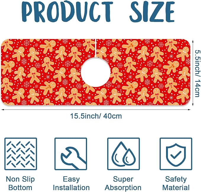 Christmas Merry Xmas Kitchen Sink Splash Guard Faucet Mat Santa Claus Super Absorbent Fast Drying Mat Sink Splash Guard Behind Faucet for Kitchen Bathroom, 15.5"x5.5"