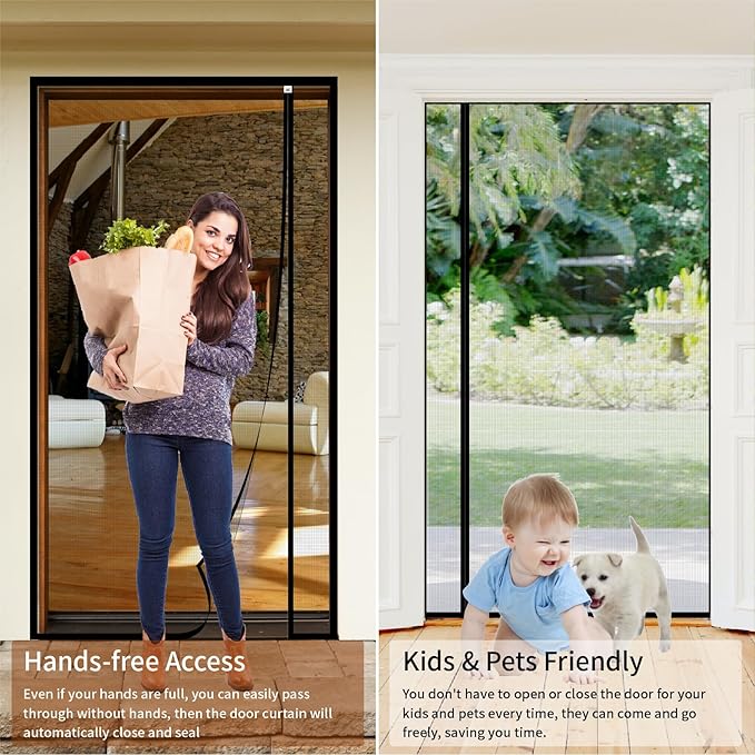 Reversible Left Right Side Opening Screen Door Mesh Magnetic Closure Heavy Duty, Self Closing Fiberglass Bug Net with Magnet for Sliding Doors & Doorway, Pet Friendly, 36 x 82 inch