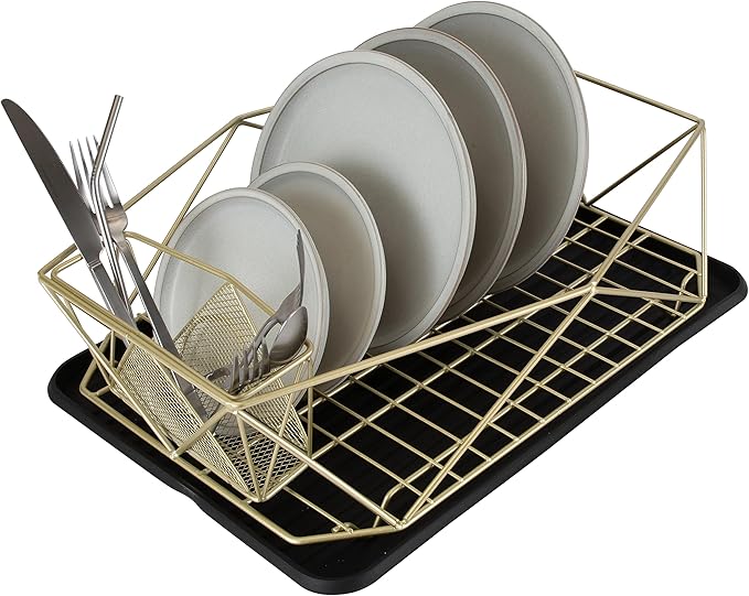 Kitchen Details Geode Deluxe Dish Drying Rack with Drain Board | Cutlery Basket | Utensil Holder | Iron Frame | Satin Gold