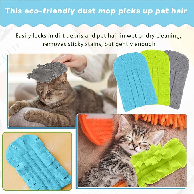 Zubebe 6 Pcs Duster Refill Reusable Fleece Duster Refills Feather Flat Dusters Multi Surface Washable Cleaning Pads Tools for Home, Blinds, Car, Pet, Furniture, Fans (Blue,Green,Grey)