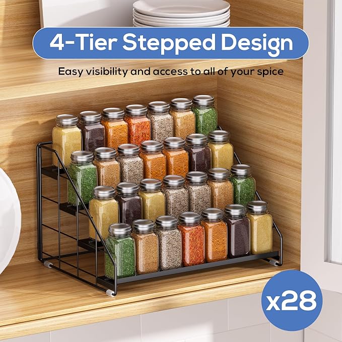Spice Rack Organizer for Cabinet, 4 Tiered Spice Rack Organizer, Tiered Adjustable Spice Shelf for Kitchen Countertop Organization, Bright Black