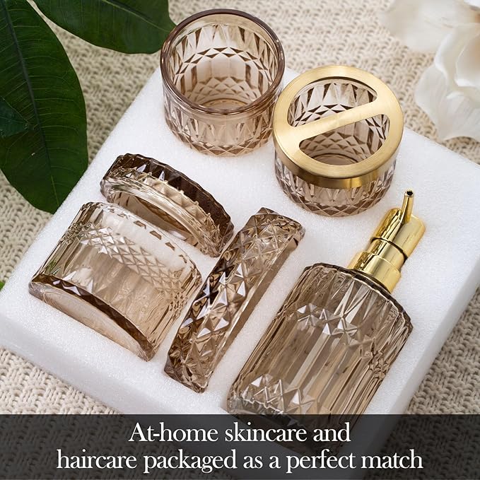 Bathroom Accessory Set 5 Pcs, Glass Bathroom Set Include Soap Dish, Toothbrush Holder, Mousewash Cup, Soap Dispenser, Cotton Swab Jar, Amber