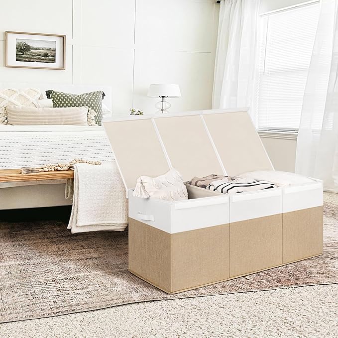 INDRESSME 185L Extra Large Toy Box, Toy Storage Organizer Collapsible Storage Bins with Lids Toy Chest for Playroom, Living Room, Toy Baskets Storage Kids, Boys Girls 39" x 17" x 17" (Beige & White)