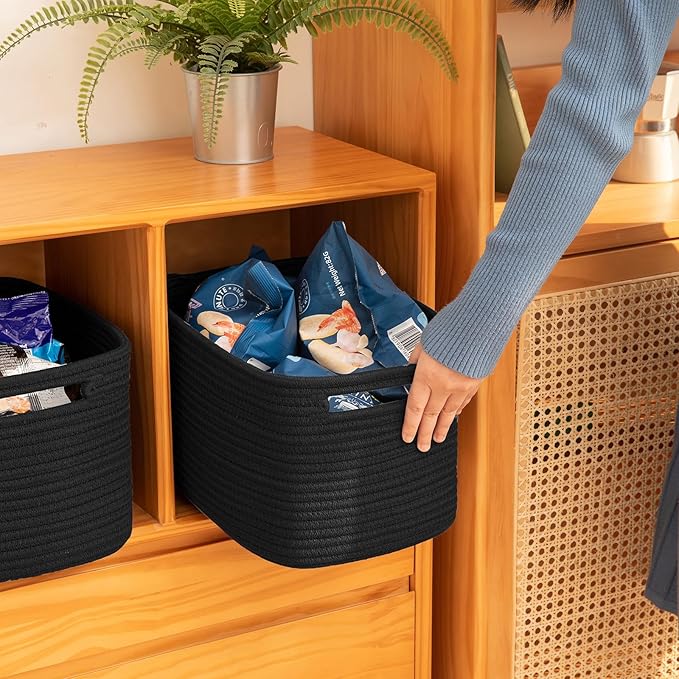 OIAHOMY 4 Pack Storage Baskets for Organizing, Cube Storage Bins for Shelves, Rectangle Storage Baskets With Handles, Woven Baskets for Storage, 16''Lx12''Wx8''H, Black