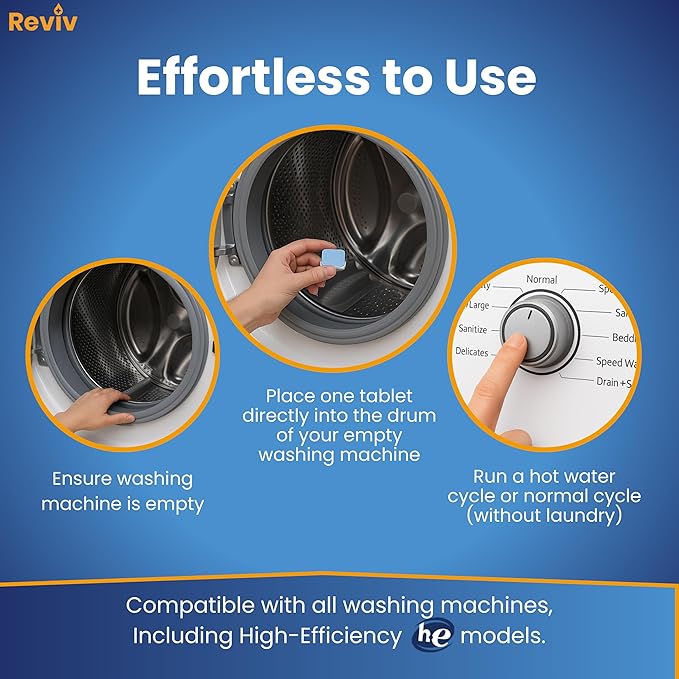 REVIV Washing Machine Cleaner Tablets – HE Compatible Descaler, 24 Count (12-Month Supply) – Septic-Safe for Front & Top Load Washers
