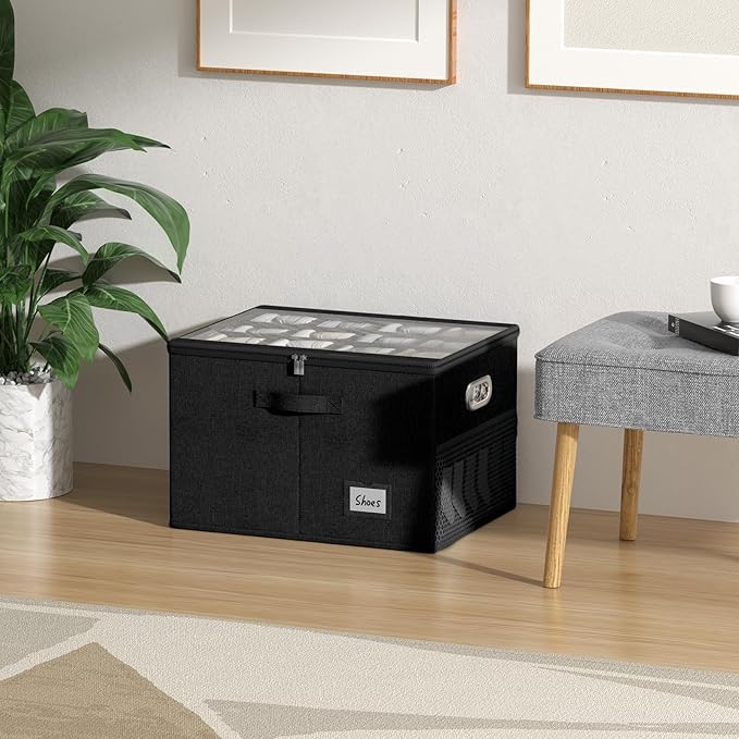 Shoe Organizer for Closet, Large Shoe Box Storage Containers with Clear Window, Space Saving Shoe Bin with Foldable Bottom Support Adjustable Dividers - Fits 16 Pairs (Black, (19.7*15.7*13)x1)