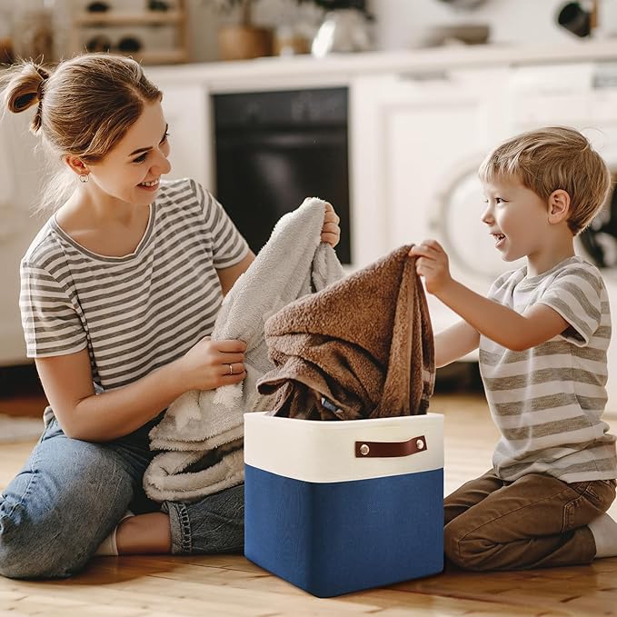 13 Inch Cube Storage Bins,Set of 4, Foldable Storage Basket with PU Handles for Organizing Home, Closet, Laundry, Office, Organizers for Shelves(White/Blue)