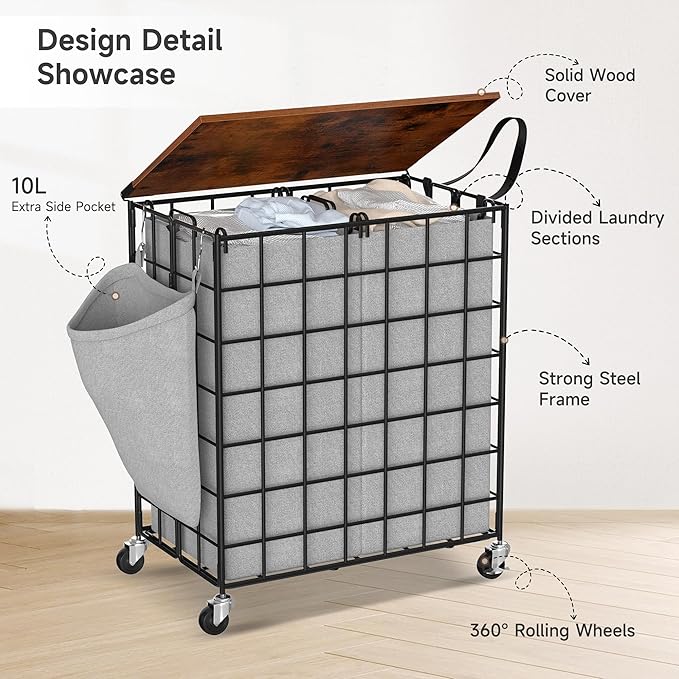 Laundry Basket with Wheels, Heavy Duty Laundry Sorter 2 Sections, Large Capacity 120L (32Gal.) Laundry Hamper with Wood Lid, 360 Rolling Wheels, Extra Side Pocket, Leather Pull Handle (Grey)