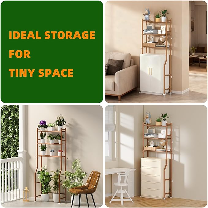 3-Tier Over The Toilet Storage, Space Saver Metal Bathroom Shelves, Freestanding Above Over Toilet Storage Shelf with 4 Hooks for Bathroom, Bronze