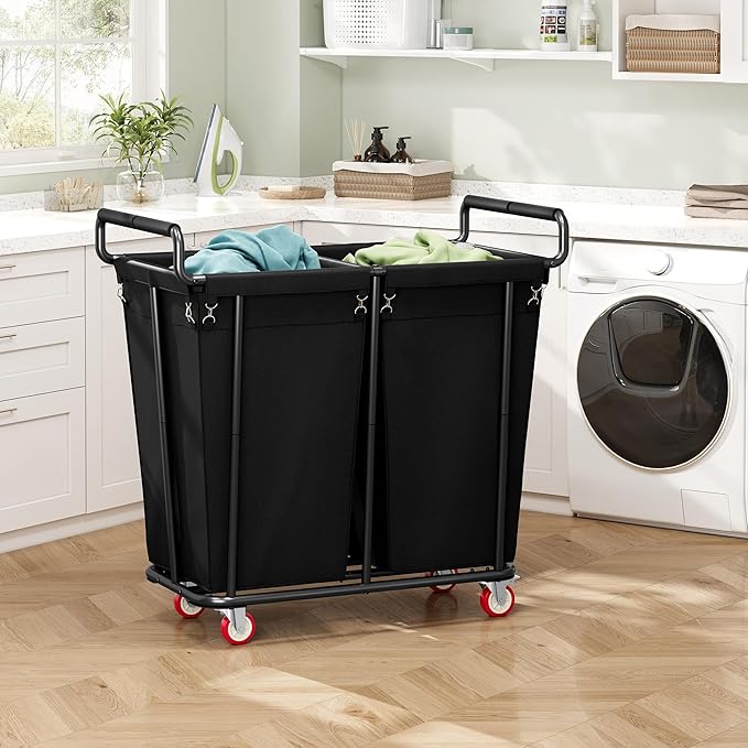 Large laundry hamper with Wheels, 2 Bag 360L Big Rolling Laundry Basket Sorter Cart, Extra Large Laundry Clothes Hamper, Heavy Duty Laundry Basket Organizer for Laundry Room,Bathroom